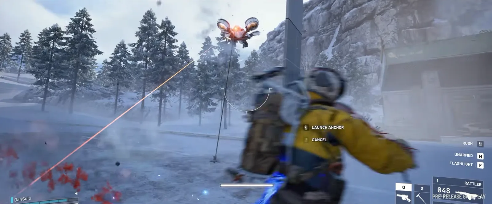 A Raider firing the Tether Launcher at a flying ARC