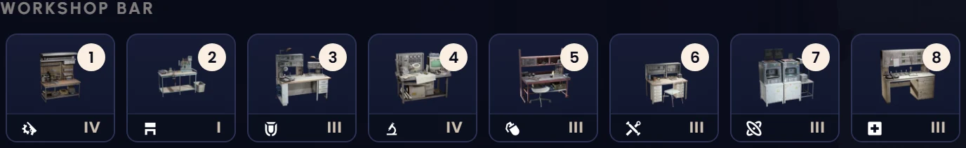 The Workshop bar in the Workbench Order tool, showing eight numbered bench squares with a tier numeral on each